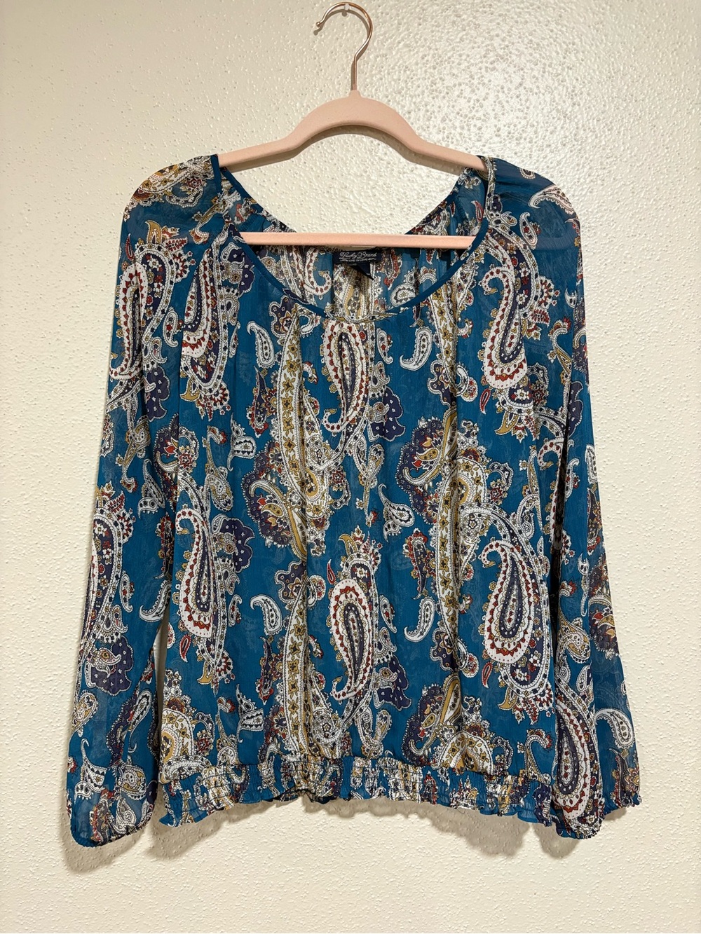 Lucky Brand Paisley Sheer Peasant Blouse | Boho Long Sleeve Top | Size Large